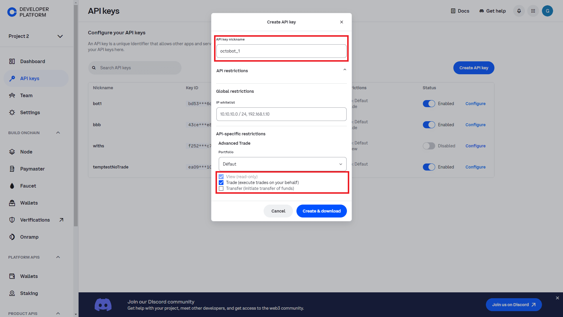 select api name passphrase and restrictions