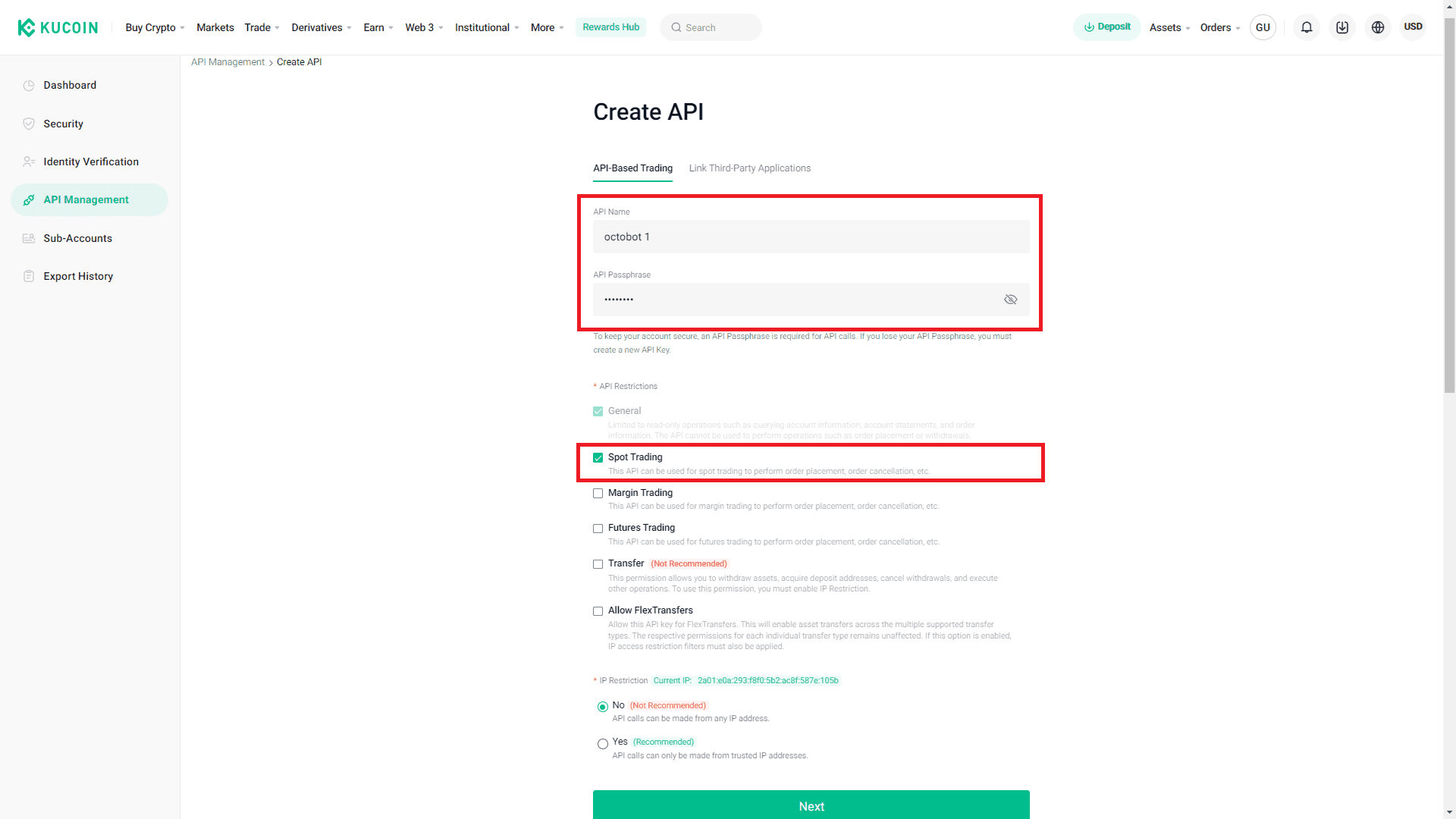 select api name passphrase and restrictions