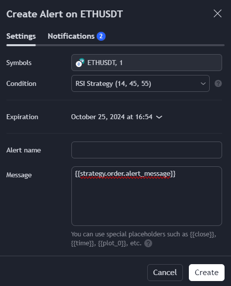 tradingview adding strategy alert message