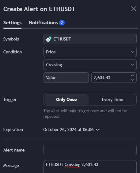 formulaire d'alerte tradingview