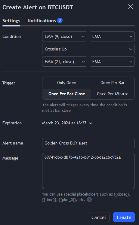 tradingview create golden cross alert