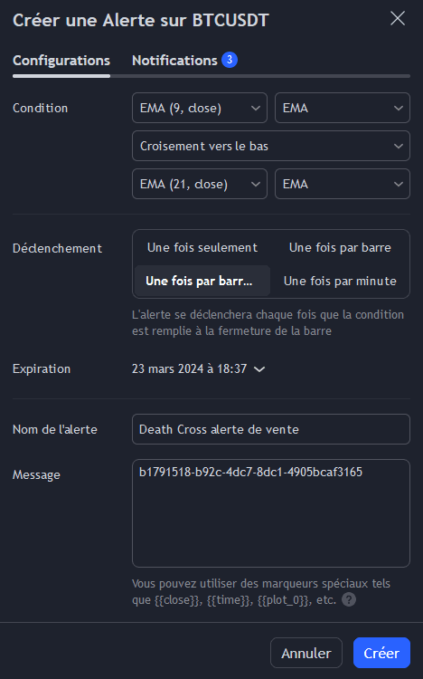tradingview creer alerte death cross
