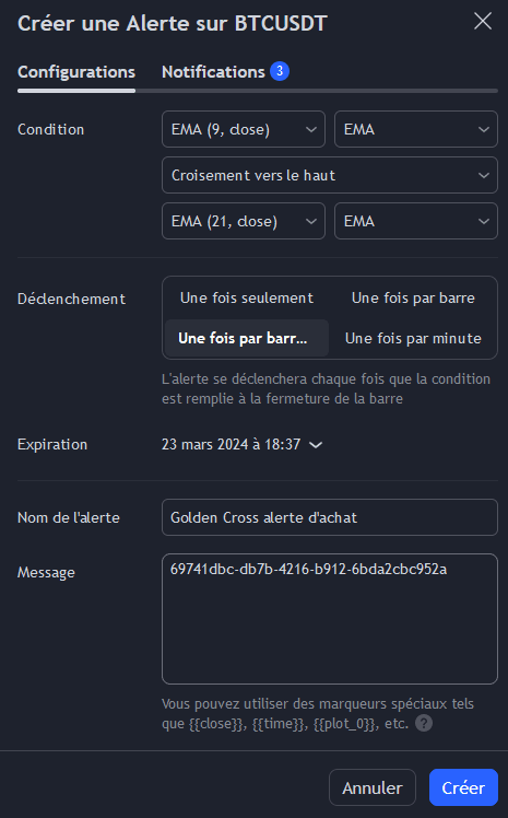 tradingview creer alerte golden cross